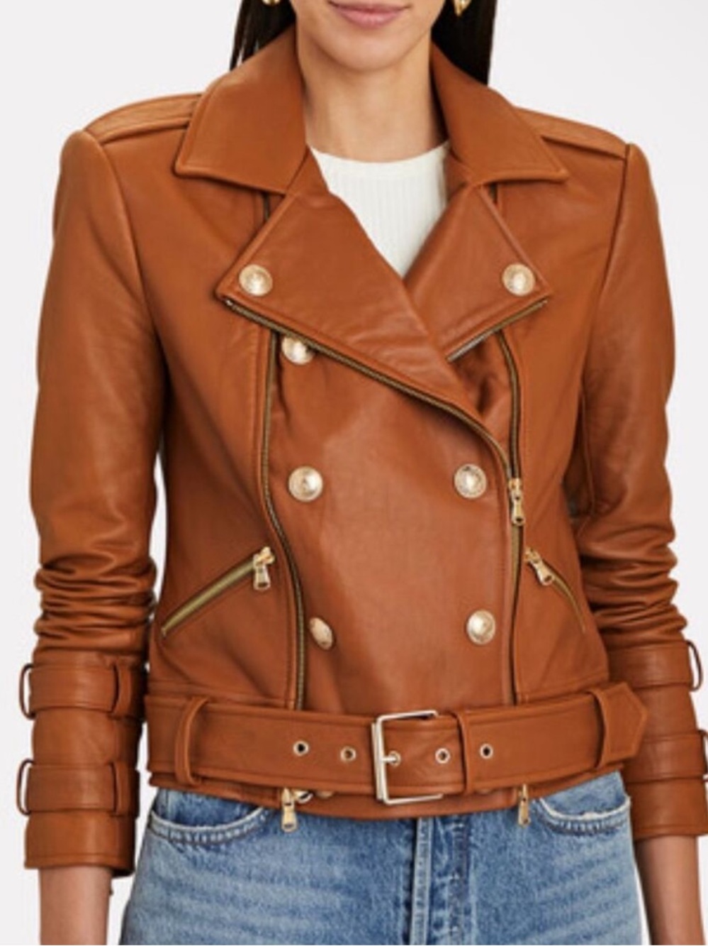 L'Agence 100% Lamb Leather Billie Double Breasted Cognac Brown Moto Jacket